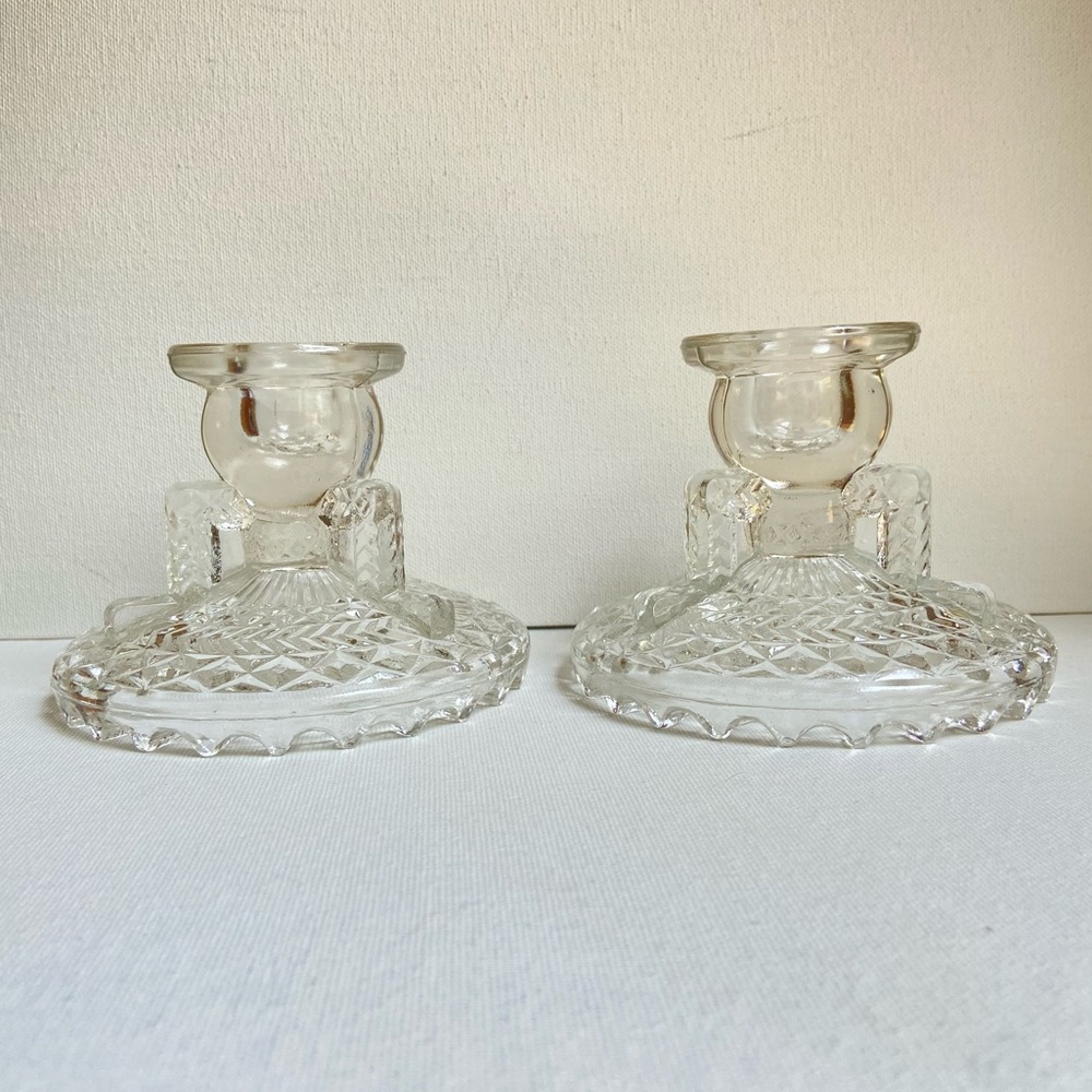 Anchor Hocking Stars and Laurel clear pressed glass candle holders pair VINTAGE